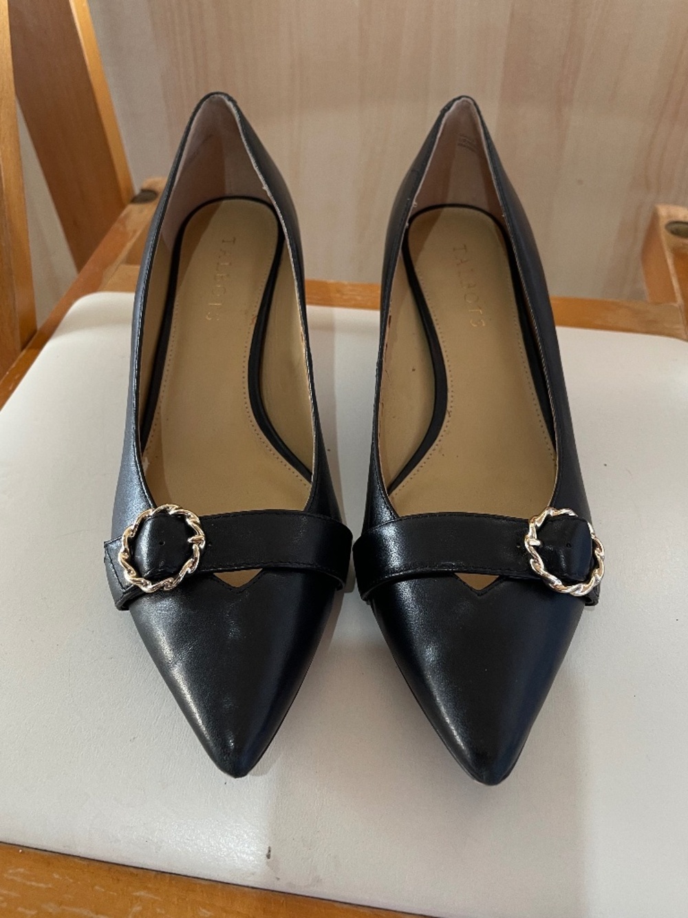 Talbots Sylvie Buckle Black Pointed-Toe Leather Pumps with Gold Buckle - Picture 2 of 8